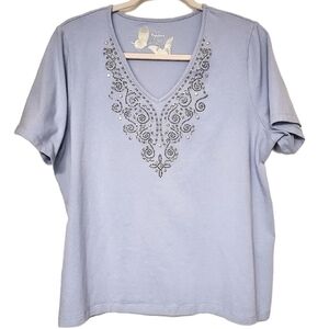 TANJAY V-NECK T-SHIRT BLUE CASUAL EMBELLISHED SHORT SLEEVES STRETCH WOMENS LARGE